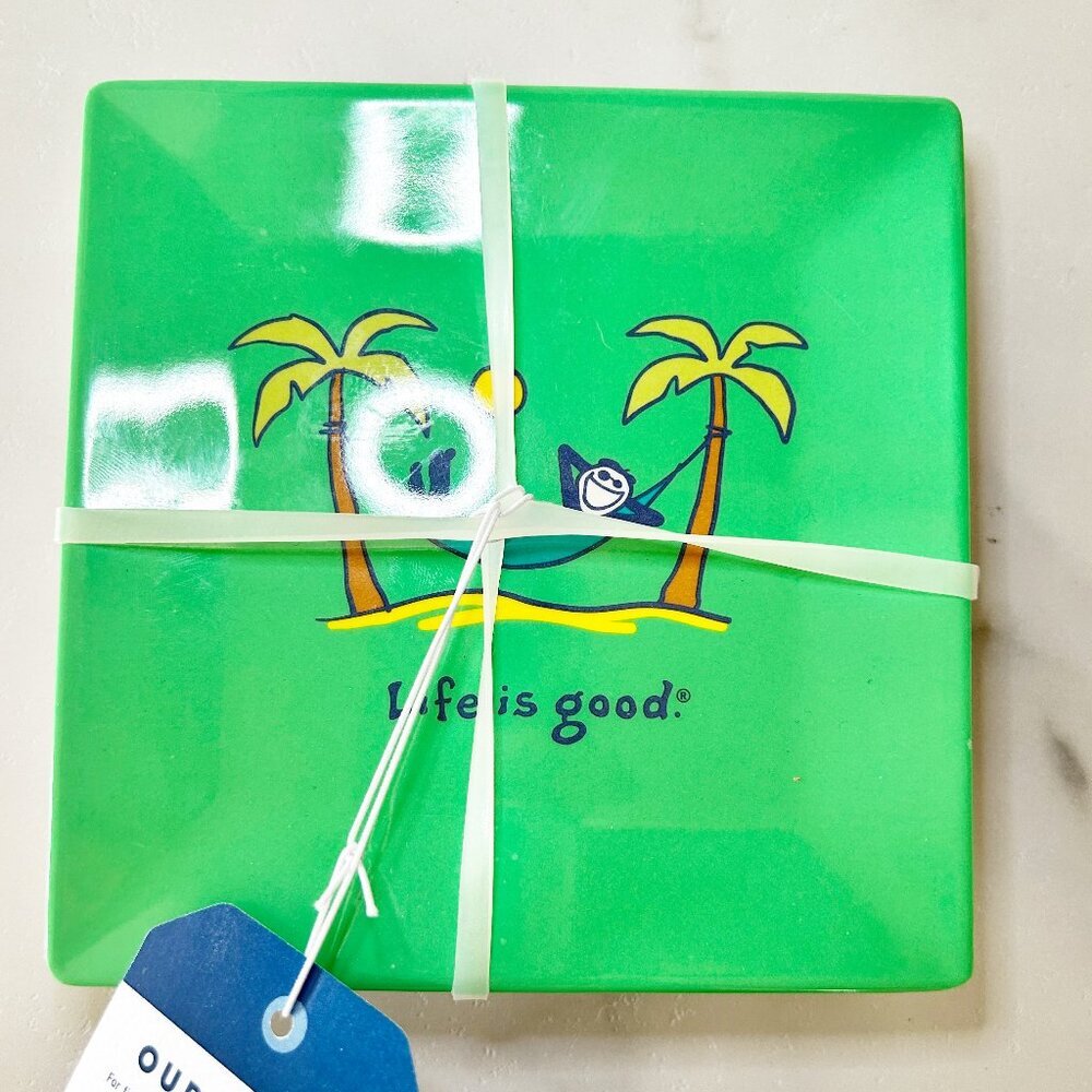 LIFE IS GOOD Set of 4 Melamine Square Plates 6" - Vintage Designs NEW